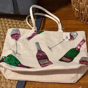 Mud Pie Sequin Wine Bottle and Glass Tote Bag NWT